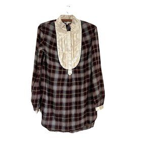 3.1 Phillip Lim Burgundy Sheer Plaid Satin Pleated Bib Wool Blend Tunic Blouse 6